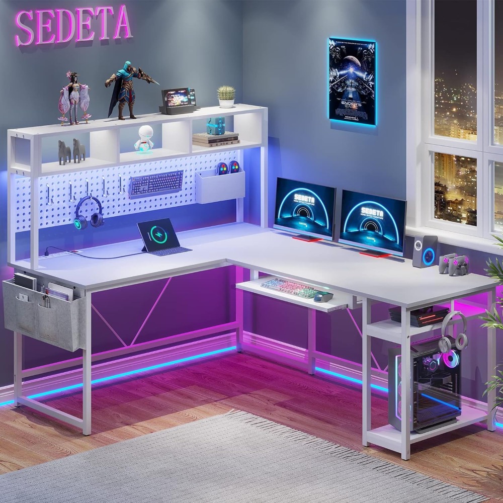 Gaming Desk With Hutch - White L Shaped Gaming Desk, Reversible