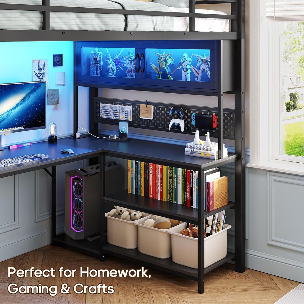 Twin Size Metal Loft Bed with  - مراجعة Gaming Desk With Hutch وسعره
