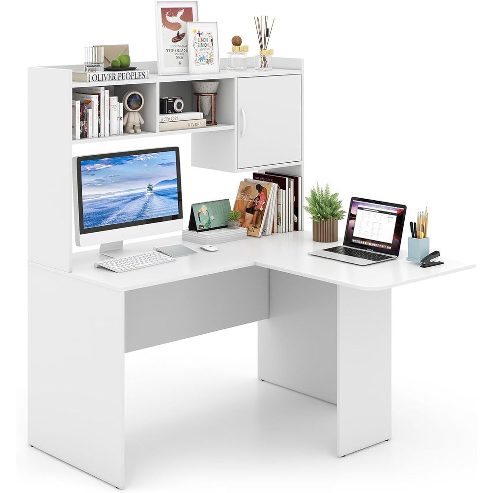 Modern White L-Shaped Desk wit - مراجعة Gaming Desk With Hutch وسعره