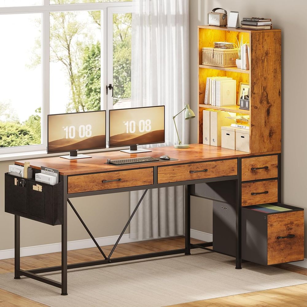 5-Drawer Rustic Brown Desk wit - مراجعة Gaming Desk With Hutch وسعره