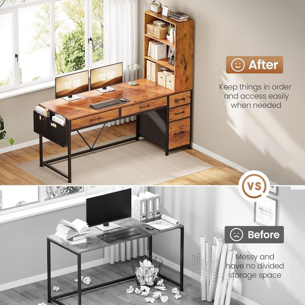 5-Drawer Rustic Brown Desk wit - مراجعة Gaming Desk With Hutch وسعره