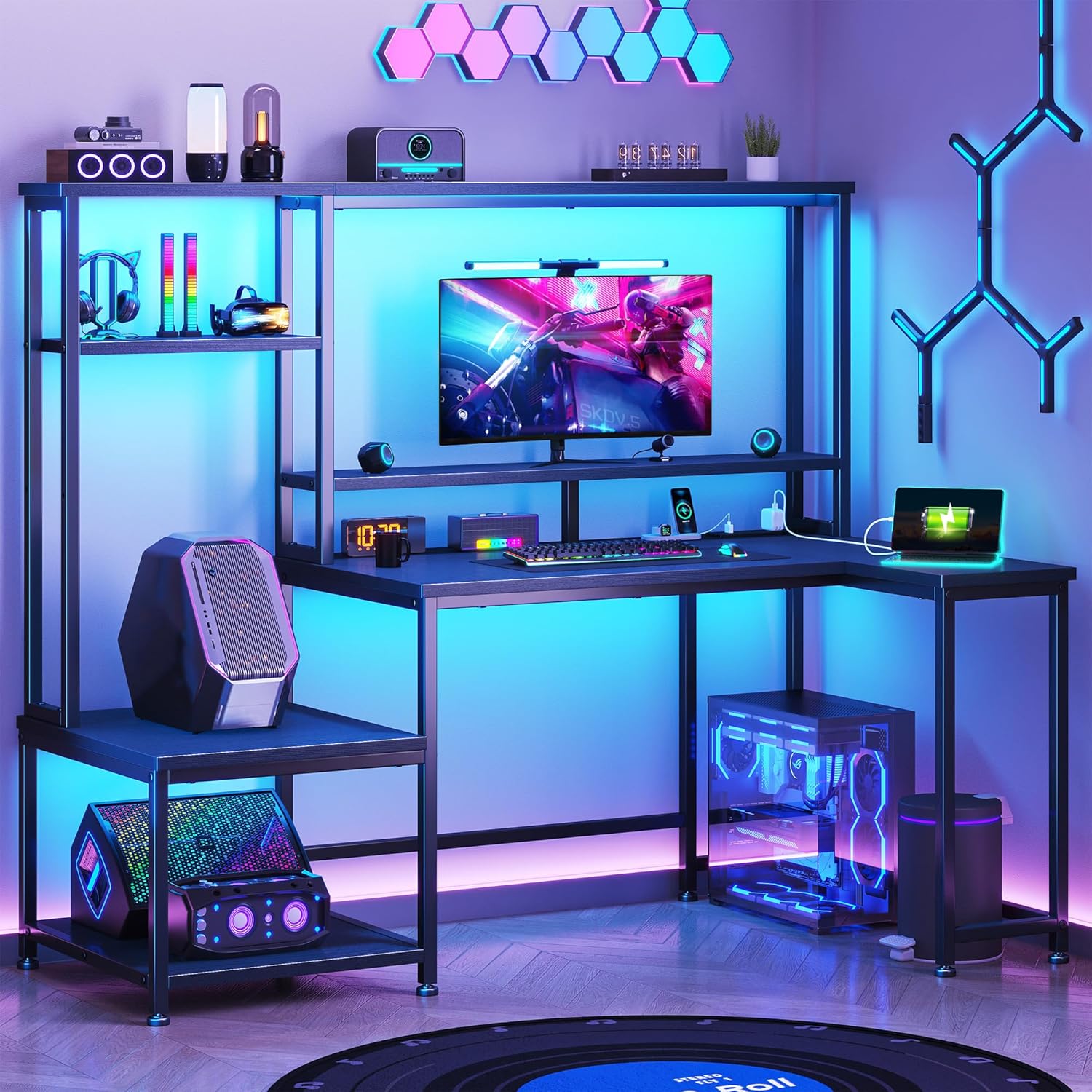Gaming Desk with LED Lights &  - مراجعة Gaming Desk With Hutch وسعره
