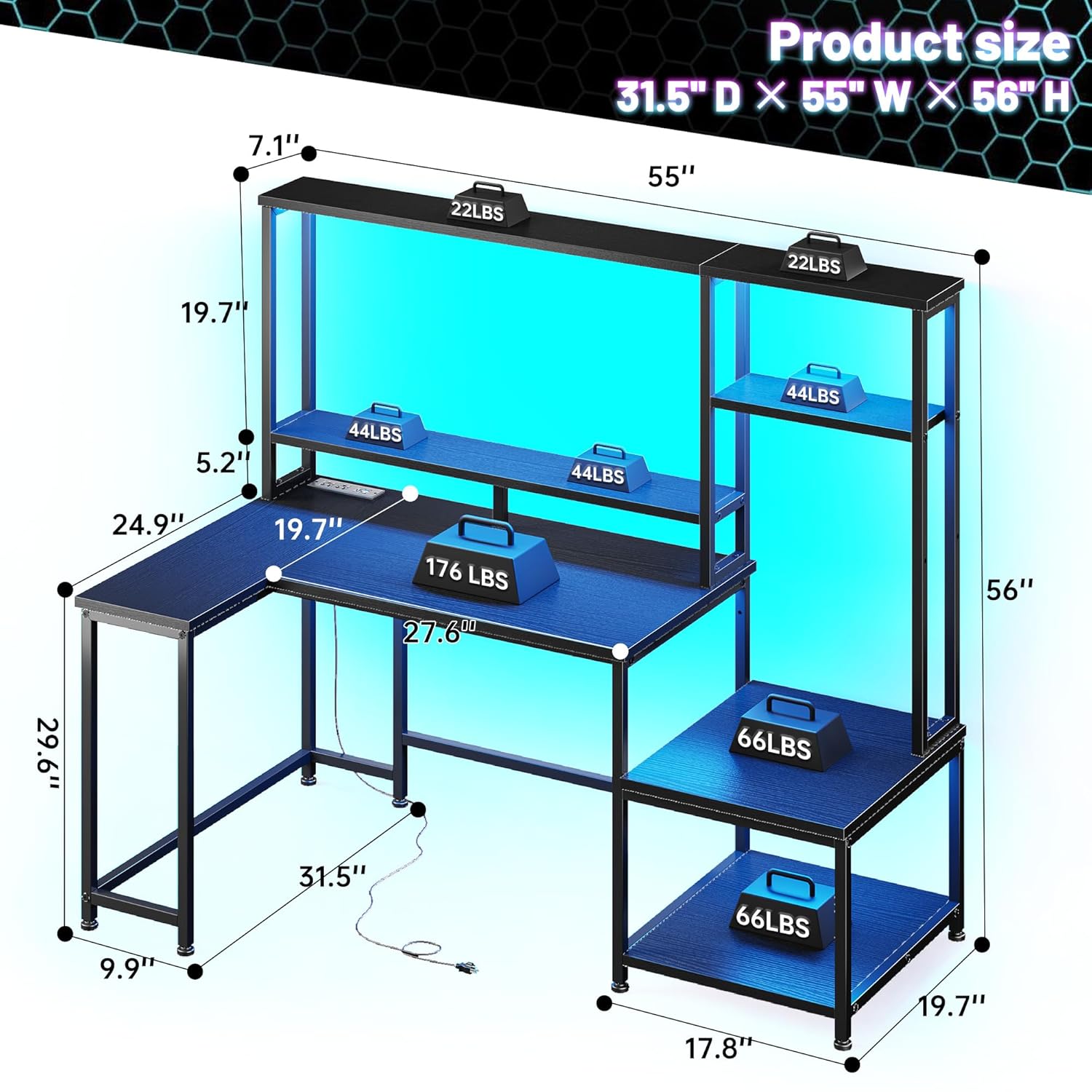 Gaming Desk with LED Lights &  - مراجعة Gaming Desk With Hutch وسعره