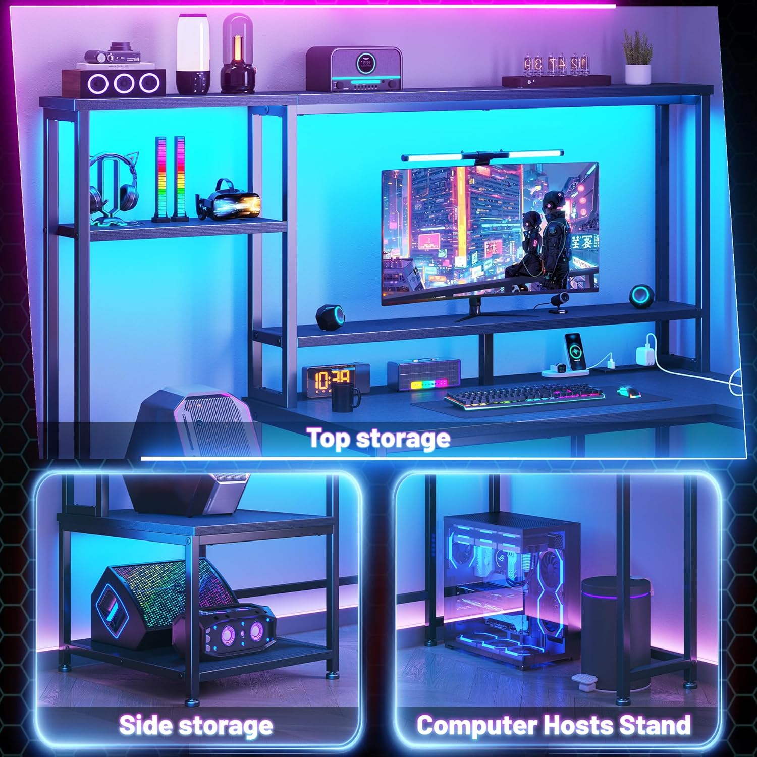 Gaming Desk with LED Lights &  - مراجعة Gaming Desk With Hutch وسعره